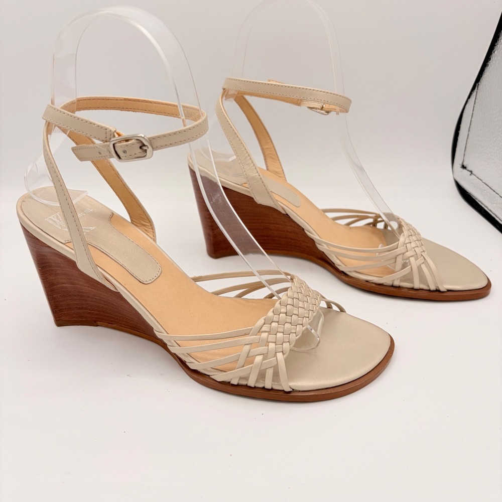 White Mountain Wedge Sandals 6.5 Cream Leather Woven Boho Ankle Strap Wood Heel